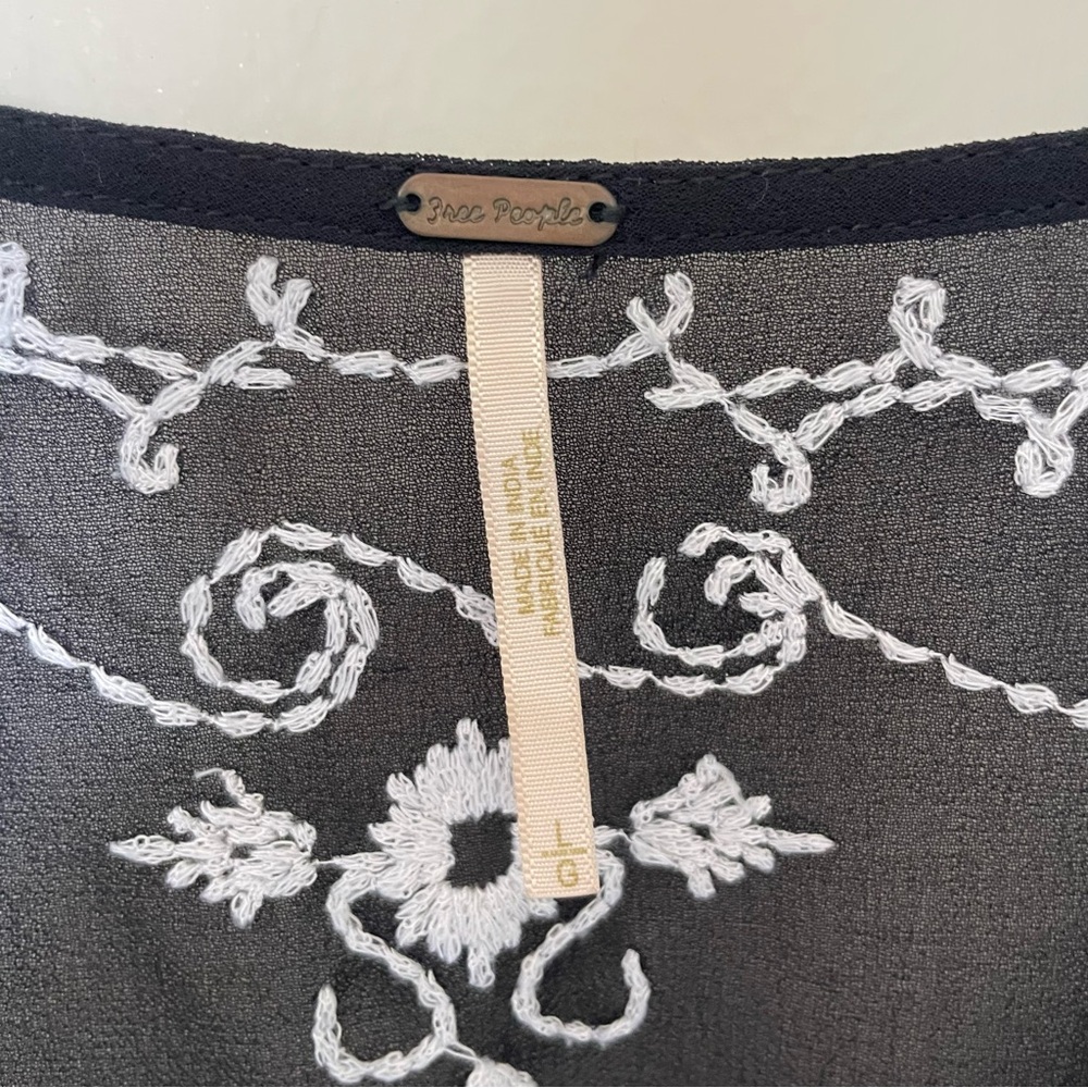 Free People Sheer Black Blouse with White Embroidery - Picture 2 of 3